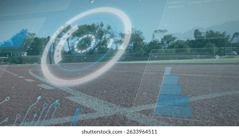 Image of data processing over disabled african american male runner. Global sport and digital interface concept digitally generated image.