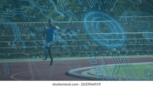 Image of data processing over disabled african american male runner. Global sport and digital interface concept digitally generated image.