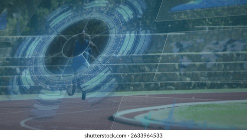 Image of data processing over disabled african american male runner. Global sport and digital interface concept digitally generated image.