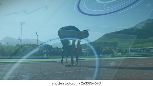 Image of data processing over disabled african american male runner. Global sport and digital interface concept digitally generated image.