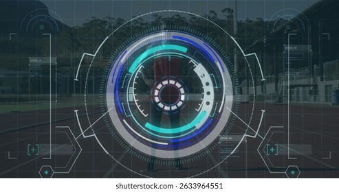 Image of data processing over disabled african american male runner. Global sport and digital interface concept digitally generated image.