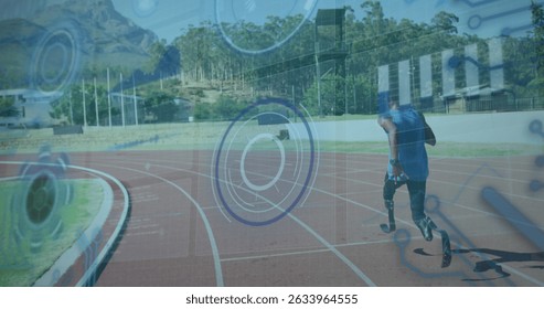 Image of data processing over disabled african american male runner. Global sport and digital interface concept digitally generated image.