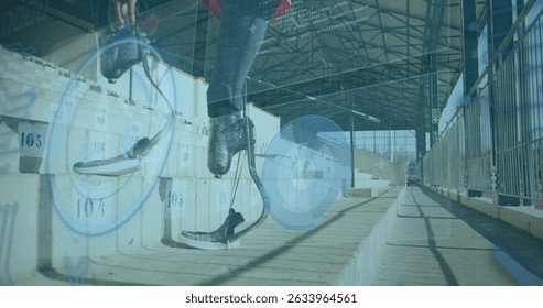 Image of data processing over disabled african american male runner. Global sport and digital interface concept digitally generated image.