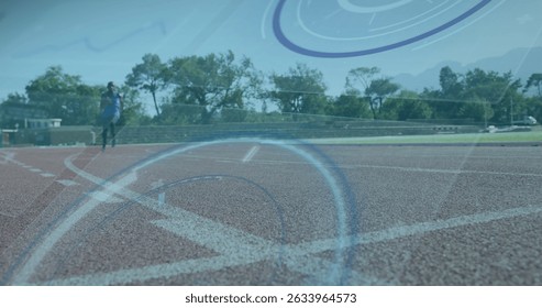 Image of data processing over disabled african american male runner. Global sport and digital interface concept digitally generated image.