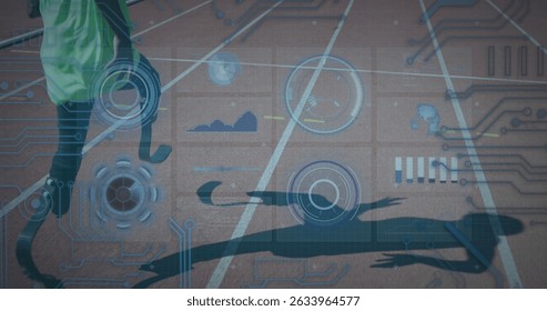 Image of data processing over disabled african american male runner. Global sport and digital interface concept digitally generated image.