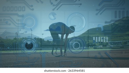 Image of data processing over disabled african american male runner. Global sport and digital interface concept digitally generated image.