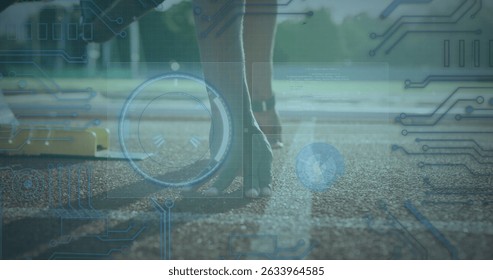 Image of data processing over disabled african american male runner. Global sport and digital interface concept digitally generated image.