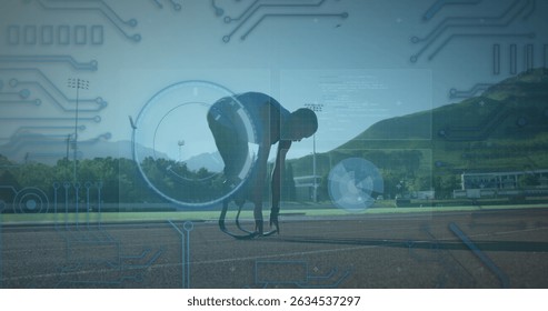 Image of data processing over disabled african american male runner. Global sport and digital interface concept digitally generated image.