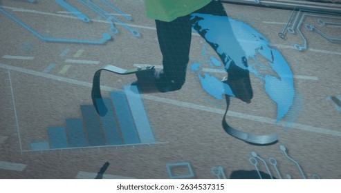 Image of data processing over disabled african american male runner. Global sport and digital interface concept digitally generated image.