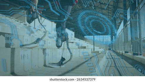 Image of data processing over disabled african american male runner. Global sport and digital interface concept digitally generated image.