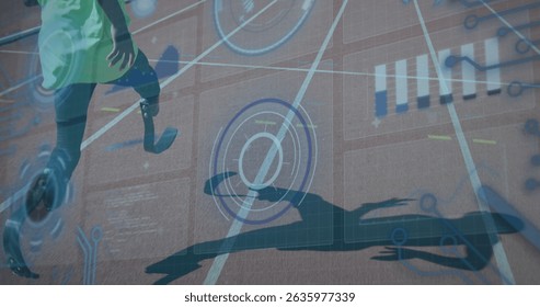 Image of data processing over disabled african american male runner. Global sport and digital interface concept digitally generated image.