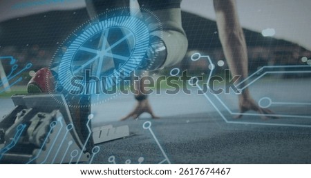 Image of data processing over disabled caucasian sportsman. global sport and digital interface concept digitally generated image.