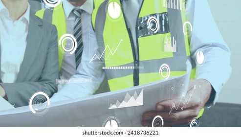 Image of data processing over diverse architects in office. Global finance, business, connections, computing and data processing concept digitally generated image.