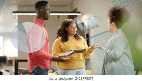 Image of data processing over diverse business people in office. Global finance, business, connections, computing and data processing concept digitally generated image. - Powered by Shutterstock - Get 15% off with code: PIKWIZARD15