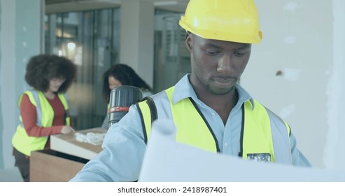 Image of data processing over diverse engineers in hi vis vests. Global business, connections, computing and data processing concept digitally generated image.