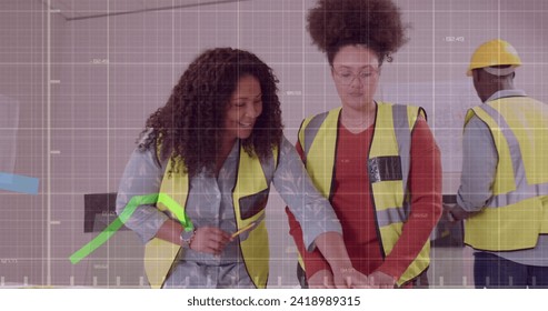 Image of data processing over diverse engineers in hi vis vests. Global business, connections, computing and data processing concept digitally generated image.