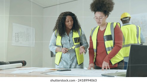 Image of data processing over diverse engineers in hi vis vests. Global business, connections, computing and data processing concept digitally generated image.