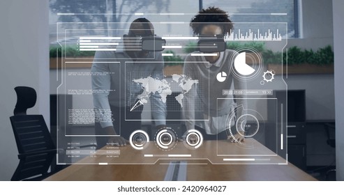Image of data processing over diverse business people using vr headsets. Global artificial intelligence, connections, computing and data processing concept digitally generated image.