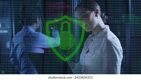 Image of data processing over diverse workers in server room. Global business and digital interface concept digitally generated image.