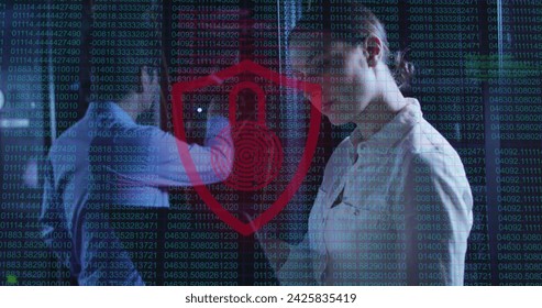 Image of data processing over diverse workers in server room. Global business and digital interface concept digitally generated image.