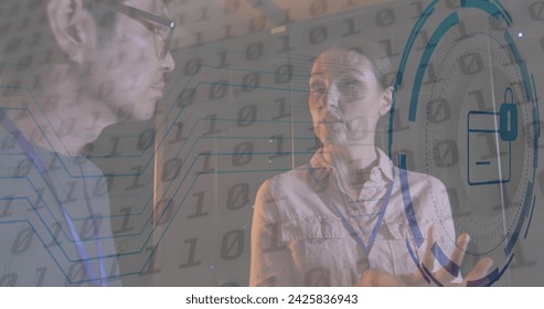 Image of data processing over diverse workers in server room. Global business and digital interface concept digitally generated image.