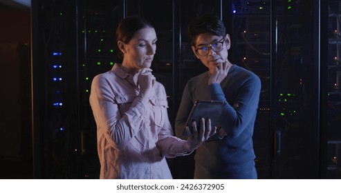 Image of data processing over diverse it engineers and computer servers. Global computing and data processing concept digitally generated image