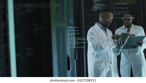 Image of data processing over diverse it engineers and computer servers. Global computing and data processing concept digitally generated image