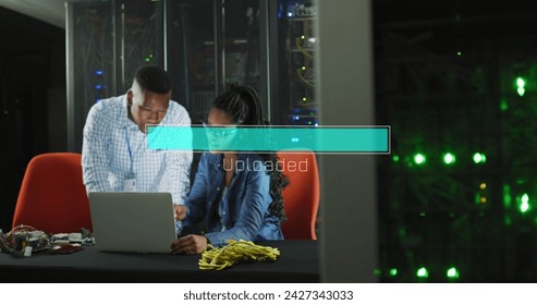 Image of data processing over diverse it engineers and computer servers. Global computing and data processing concept digitally generated image