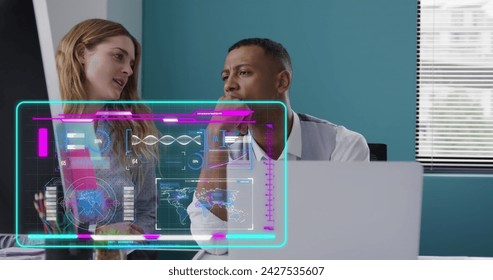 Image of data processing over diverse business people in office. Global business, digital interface, computing and data processing concept digitally generated image.