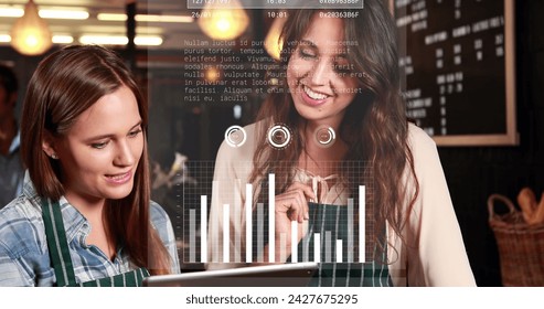 Image of data processing over diverse business people using tablet. Global business, digital interface, computing and data processing concept digitally generated image.