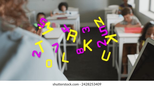 Image of data processing over diverse female addressing pupils at desks in class. Communication, data, school, education, childhood and learning, digitally generated image.