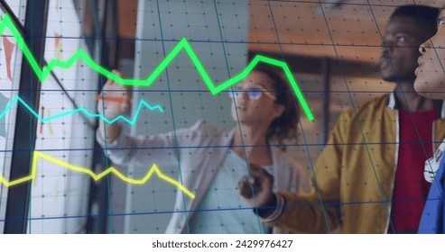 Image of data processing over diverse business people in office. Global business, finances and digital interface concept digitally generated image.
