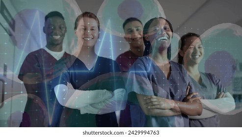 Image of data processing over diverse doctors in hospital. Global medicine, healthcare, connections, computing and data processing concept digitally generated image.