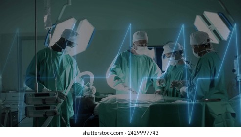 Image of data processing over diverse surgeons in hospital. Global medicine, healthcare, connections, computing and data processing concept digitally generated image.