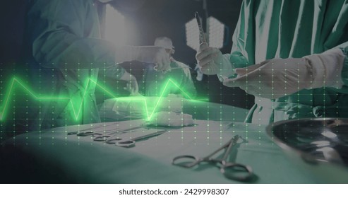 Image of data processing over diverse surgeons in hospital. Global medicine, healthcare, connections, computing and data processing concept digitally generated image.