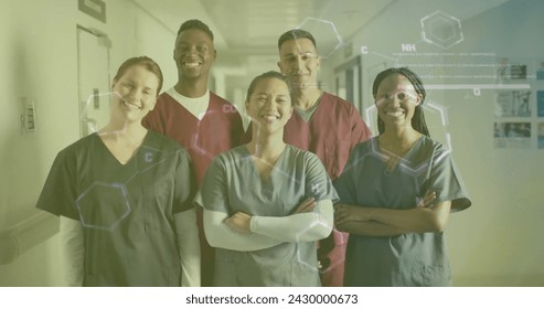 Image of data processing over diverse doctors in hospital. Global medicine, healthcare, connections, computing and data processing concept digitally generated image.