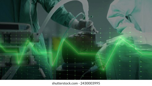Image of data processing over diverse surgeons in hospital. Global medicine, healthcare, connections, computing and data processing concept digitally generated image.
