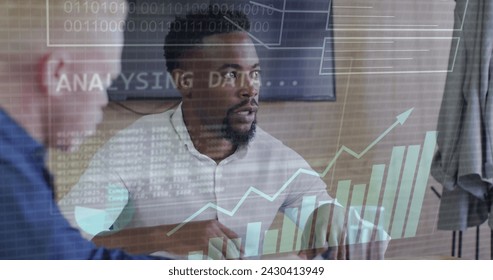 Image of data processing over diverse business people in office. Global business, finances, computing and data processing concept digitally generated image.