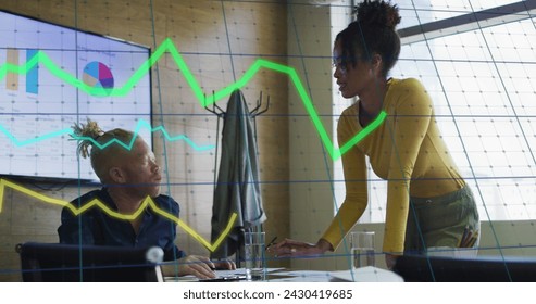 Image of data processing over diverse business people in office. Global business, finances, computing and data processing concept digitally generated image. - Powered by Shutterstock - Get 15% off with code: PIKWIZARD15
