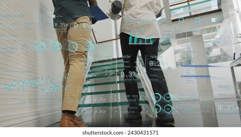 Image of data processing over diverse businessmen walking up the stairs in office. Global business, finances, computing and data processing concept digitally generated image. - Powered by Shutterstock - Get 15% off with code: PIKWIZARD15