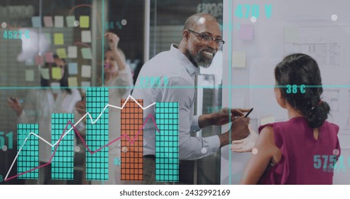 Image of data processing over diverse business people in office. Global business and digital interface concept digitally generated image. - Powered by Shutterstock - Get 15% off with code: PIKWIZARD15