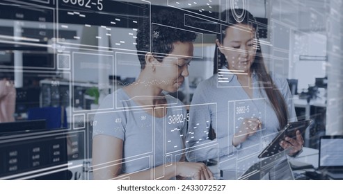 Image of data processing over diverse business people in office. Global business and digital interface concept digitally generated image.