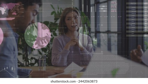 Image of data processing over diverse business people during meeting. global networks, business, data processing and digital interface concept digitally generated image.