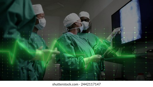 Image of data processing over diverse surgeons in hospital. Global medicine, healthcare, connections, computing and data processing concept digitally generated image.