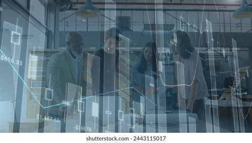 Image of data processing over diverse business people talking. global business, finances, connections and digital interface concept digitally generated image.