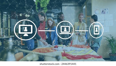 Image of data processing over diverse business people working in office. Global business, finances, computing and data processing concept digitally generated image. - Powered by Shutterstock - Get 15% off with code: PIKWIZARD15
