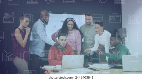 Image of data processing over diverse business people working in office. Global business, finances, computing and data processing concept digitally generated image.