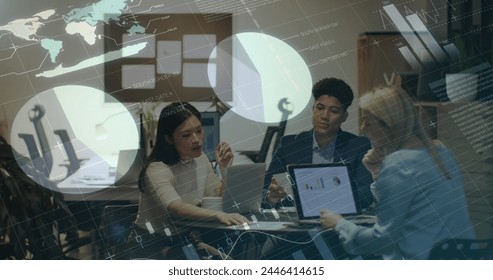 Image of data processing over diverse business people working in office. Global business, finances, computing and data processing concept digitally generated image.
