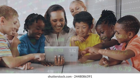 Image of data processing over diverse schoolchildren and teacher using tablet. Global education, computing and digital interface concept digitally generated image. - Powered by Shutterstock