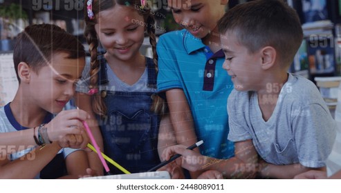 Image of data processing over diverse schoolchildren using tablets in classroom. Global education, computing and digital interface concept digitally generated image.